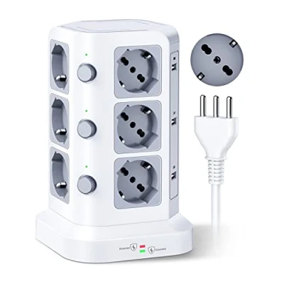 Immagine di KOOSLA Ciabatta Elettrica con 12 Prese Universali ITA 10/16A e Schuko 6 slot USB A(4000W/16A), Multipresa verticale protezione sovratensione 3 interruttori indipendenti, 2M Cavo, Bianco