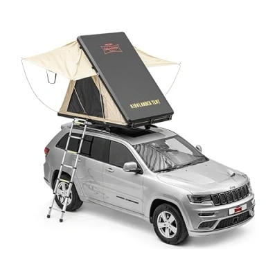 Immagine di Dragon Winch tenda da Tetto per Auto, in alluminio, 2 persone, con materasso, scala telescopica, tasche accessori, zanzariere + LED campeggio comoda, spaziosa e mobile impermeabile