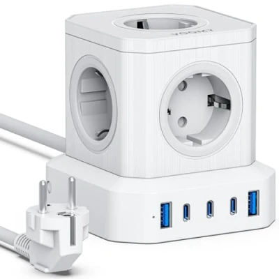 Immagine di VOOMY Spina multipla da 65 W, cubo con 3 USB C e 2 caricabatterie USB, stazione di ricarica cavo prolunga m, protezione sovratensione, presa distribuzione interruttore, Powercube