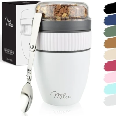 Immagine di Milu tazza per il muesli 400ml I con cucchiaio Acciaio inossidabile Impermeabile e isolato Cup to go yogurt porridge (Bianco)