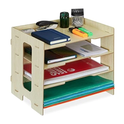 Immagine di Relaxdays Organizer da Scrivania Portadocumenti, 3 Scomparti A4, HLP: 27x31,5x24 cm, Portalettere in MDF, Marrone Chiaro, 100% Fibra di Legno 0%