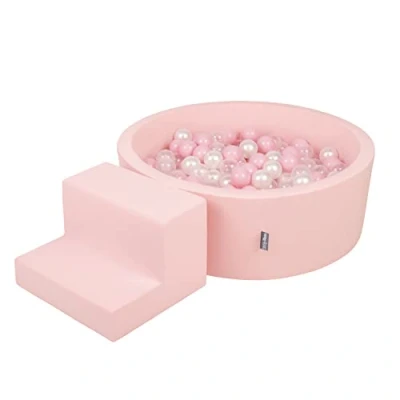 Immagine di KiddyMoon Area di Gioco in Schiuma con Tondo Piscina Palline (200 Palline) per Bambini, Rosa:Rosa Chiaro/Perla/Trasparente