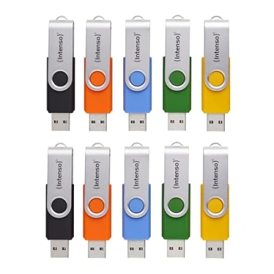 Immagine di Intenso Basic Line 10 x 8 GB Chiavette USB 2.0 con pratiche etichette per etichettatura, giallo, verde, nero, blu e arancione, staffa in metallo argentato