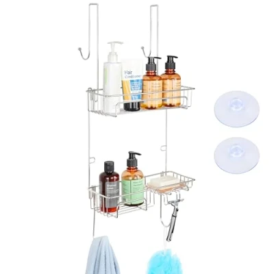 Immagine di BELLE VOUS Portaoggetti Box Doccia Porta Shampoo e Bagnoschiuma in Acciaio Portasapone da Appendere Senza Forare Mensola per Oggetti Accessori con Ganci