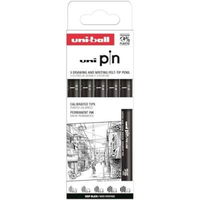 Immagine di Uni Ball Astuccio PIN da 5 pezzi di marcatori calibrati 0,2 a 1,0 mm colore nero SET CLASSICO II