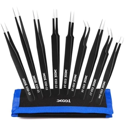 Immagine di XOOL Pinzette ESD di Precisione, 9 Pezzi Antistatiche e Non Magnetiche in Acciaio Inossidabile per Elettronica, Laboratorio Gioielleria