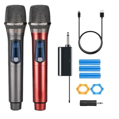 Immagine di microfono wireless, doppio wireless ricaricabile, dinamico portatile per canto karaoke, matrimonio, DJ, festa, discorso, chiesa, uso in classe, sistema PA, 200 pied