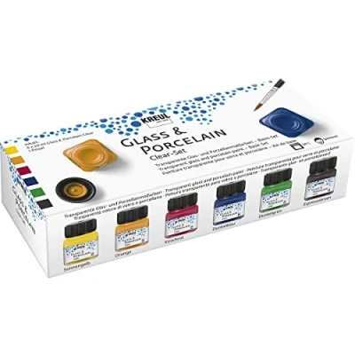 Immagine di KREUL 16601 Glass &amp; Porcelain Clear Set di 6 barattoli Vernice trasparente in vetro e porcellana da 20 ml con 1 pennello a base d&#039;acqua (giallo, arancio, rosso, blu, verde marrone)