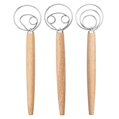 Immagine di 3 Pezzi Fruste Da Cucina, Frusta Danese, Per Impasto, Manico In Legno Mixer, Miscelatoremanico, Uova, Acciaio Inox, Manuale Impastare Pane e Torte