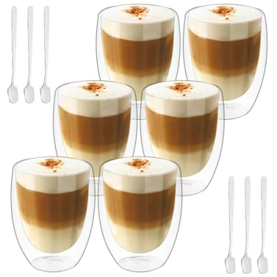 Immagine di Tazzine Caffe Vetro Doppia Parete, Bicchieri Borosilicato , 350ml Tazza Doppio Vetro, Tazze da Cappuccino in con 6 Cucchiaini, Bicchierini Caffè Caffè,6 Pezzi (350ml)