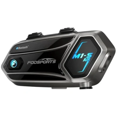 Immagine di Fodsports M1 S AIR Interfono Moto 1500Mt Sistema di Comunicazione Casco,Fino a 2 6 Persone,Auricolare Casco Bluetooth Coppia,Condivisione Musica,Audio Multitasking Cablato,Universale Sciare/ATV