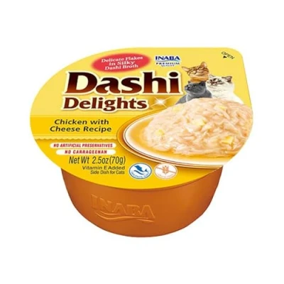 Immagine di INABA Dashi Delights, Delicati Fiocchi in Brodo di Pollo con Formaggio Cibo Umido per Gatti Snack Ricco Proteine, Ingredienti Naturali Pasto Complementare 1 x 70gr