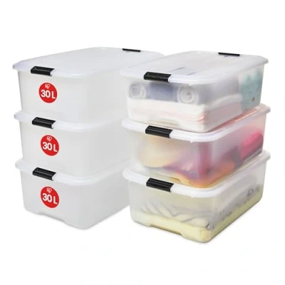 Immagine di Iris Ohyama Scatole Portaoggetti in Plastica Con Coperchio, 30L, Lotto di 6, Trasparente, Chiusura a Clip, Empilabile, Solido, Per Armadio, Garage, Casa, Ufficio, Organizzatore, TB 30