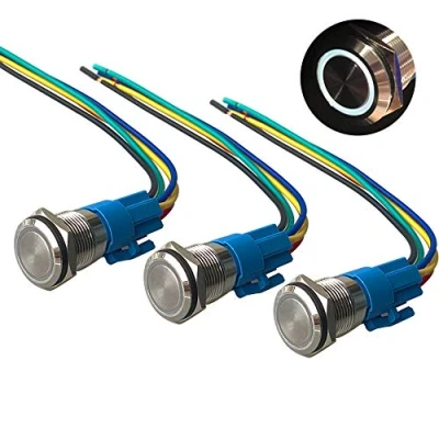 Immagine di QitinDasen 3Pcs Premium 12V / 24V 5A Interruttore a Pulsante Momentaneo, 16mm in Metallo con LED Bianca, Avviamento Auto Acciaio Inossidabile impermeabile