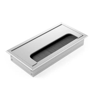 Immagine di ATM® Passacavo da scrivania, in alluminio con spazzola e patta integrati, per ordine visione sul posto di lavoro, rettangolare, argento, 80 x 160 mm