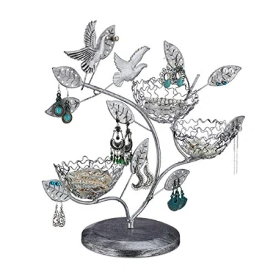 Immagine di relaxdays Albero Portagioie, 88 Fori per Orecchini, 3 Ciotole Portaoggetti Anelli, in Ferro, Design Vintage, Argento