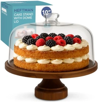 Immagine di HEFTMAN Alzata per torte 25,4 cm con coperchio a cupola, 2 in 1, legno di acacia antiscivolo, cupola acrilico trasparente