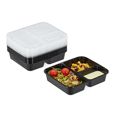 Immagine di Relaxdays Vaschette per Alimenti in Set da 10, 3 Scomparti, USA e Getta, Porta Pranzo Plastica con Coperchio, Nero, 1 pz