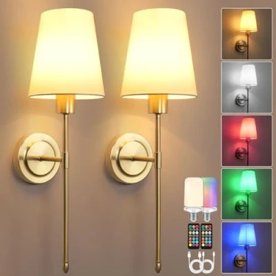 Immagine di Birnetek Applique da Parete Interno Ricaricabile USB, E27 Lampade Senza Corrente, Lampada Fili Dimmerabile RGB con Telecomando, per Scale, Corridoio, Soggiorno, Camera Letto, 2 Pezzi