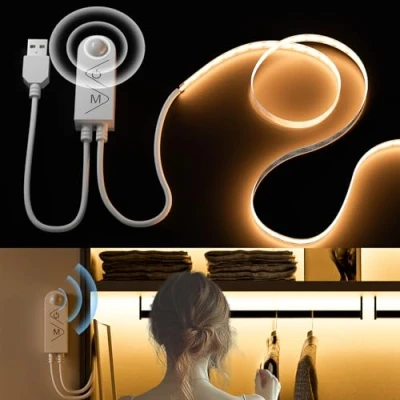 Immagine di PAUTIX USB Striscia LED COB 5V con Rilevatore di Movimento Bianco Caldo 2700K 2M,640LED Dimmerabile CRI90+ Nastro Autoadesivo per Scale, Camerette, Armadi, Lampade da Letto