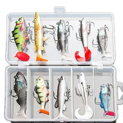 Immagine di DONQL Kit di esche da pesca,esche artificiali spinning trota mare spigola,esche siliconiche spinning,esche pesca set per salmone bassi con cassetta pesca(10 pezzi)