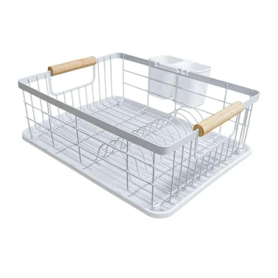 Immagine di Amig Scolapiatti Graz 42 x 31,5 15 cm Acciaio con Manico in Legno Colore Bianco Vassoio di Sgocciolamento e Supporto per Posate Capacità 10 Piatti 6 Bicchieri
