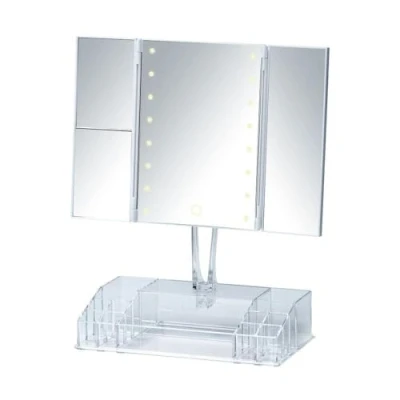 Immagine di Wenko Specchio appoggio Fanano LED per cosmetici con 3 lati, specchiante 100%, ingrandimento di 2 e volte, orientabile in modo continuo, touch regolare la luminosità, batterie, 34,5x39x16,5cm