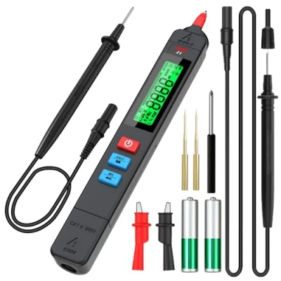 Immagine di BSIDE Kit Penna Multimetro Digitale Automatico Unipolare con Pinze a Coccodrillo, Sonde di Prova, Cavo Prova 2m, Tester Tensione Resistenza Continuità Capacità Diodo Cercafase Senza Contatto