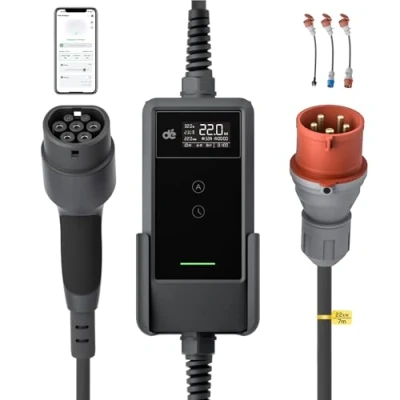 Immagine di dé Wallbox 22kW [7m, Trifase, 6 32A] Ricarica Auto Elettrica con Corrente Regolabile e Set Adattatore Traveller, Stazione di Carica Mobile Compatibile Model Y, ID.3 Altri EV PHEV
