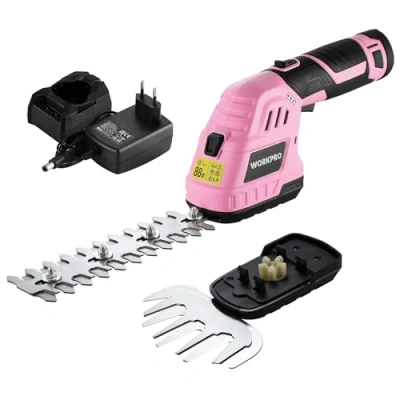 Immagine di WORKPRO Tagliasiepi a batteria 12V Rosa, 2 in 1 Forbici con lame, da 2Ah e caricabatterie, tagliaerba elettrico Per diserbare, potare gli alberi, tagliare l&#039;erba