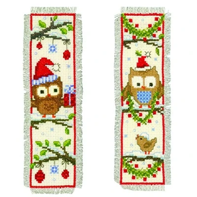 Immagine di Vervaco Lesezeichen Eulen mit Mütze, 2er Set Segnalibri Gufi in Cappello di Babbo Natale Aida 2, Cotone, Beige, Misura Unica