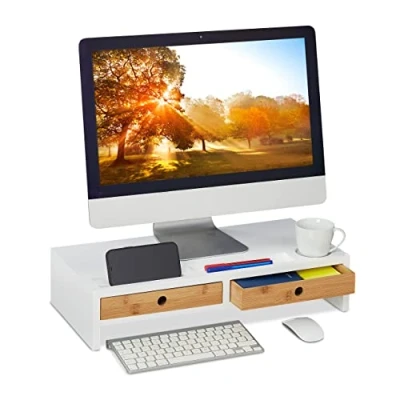 Immagine di Relaxdays Supporto per Monitor, Rialzo Schermo con 4 Scomparti e 2 Cassetti, Stand, HLP 12x56x27 cm, Bianco/Naturale, 80% bambù 20% Fibra