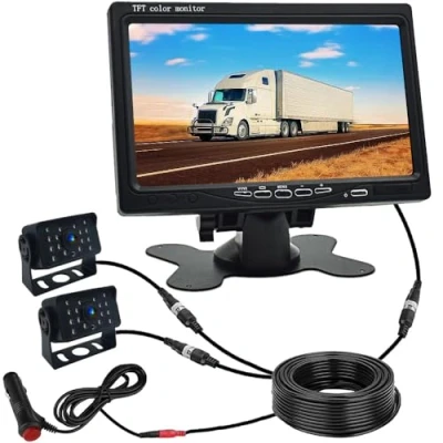 Immagine di Kit Telecamera di Backup Cablata, Monitor HD da 7&quot;+2 Telecamere IP68 Visione Notturna Impermeabile, Retromarcia e per Camion/Rimorchio/Furgone/Autobus