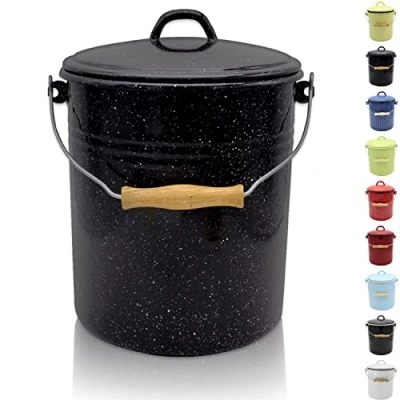 Immagine di KRÜGER Pattumiera con coperchio in acciaio rivestimento smaltato e manico legno superficie resistente al taglio ai graffi durevole versatile (10 litri, bianco nero)