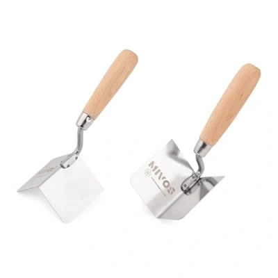 Immagine di Mivos 2x Spatole Angolari Antiruggine 80 x 60 mm Cazzuola Angolare Interna ed Esterna in Acciaio Inox per Bordi Interni Esterni con Manico di Legno Spatola Stucco