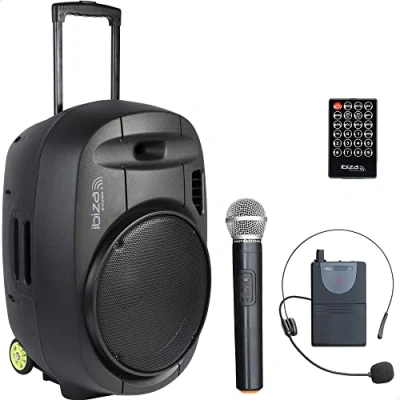 Immagine di Ibiza PORT15VHF MKII TWS Altoparlante portatile 15&quot;/800W MAX con 2 microfoni (VHF), telecomando e custodia per accessori Bluetooth, USB, SD &amp; autonomia da 6 a 8 ore