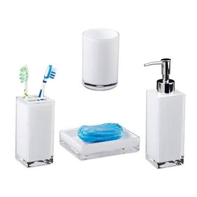 Immagine di Relaxdays Set 4 Accessori Bagno, Bicchiere Igiene Dentale Portaspazzolini Dispenser Porta Sapone Portasaponetta, Bianco