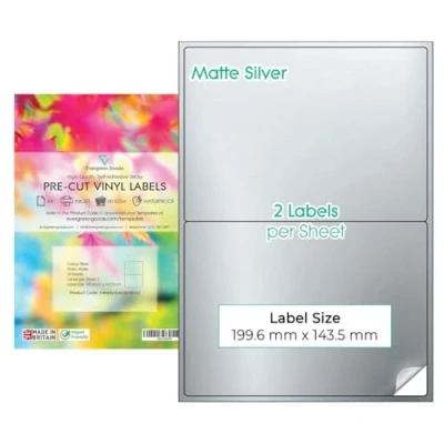 Immagine di Evergreen Goods etichette autoadesive pretagliate, formato A4, impermeabili, argento opaco, 1 x 2 (2 per foglio): 20 in totale, 10 fogli, stampabili a getto d&#039;inchiostro e laser, retro