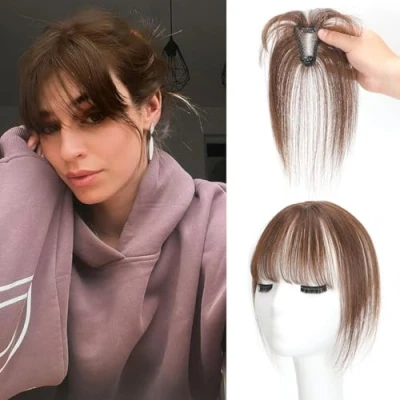 Immagine di frangia 3D con clip a 360, da donna, 100% veri capelli umani, per l&#039;uso quotidiano (marrone medio, ciuffi 3D)