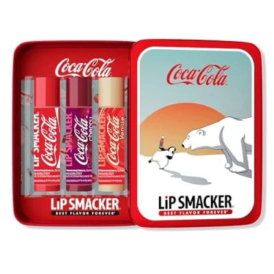 Immagine di Lip Smacker Balm Tin Trio, 3 Piece Kids Gift Set, Holiday Themed Coca Cola Edition, Moisturizing and Easy to Apply, Infused with Castor Seed Oil,