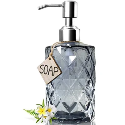 Immagine di JASAI Diamond Design dispenser di sapone in vetro con pompa acciaio inossidabile 304, da cucina 340 ml, per bagno, le mani, piatti (grigio)