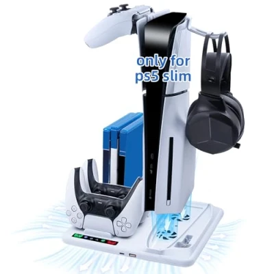 Immagine di Wigearss Supporto Verticale di Raffreddamento PS5 Slim con 3 Livelli Velocità Regolabile del Ventilatore, Doppio Controller Caricatore per Disc/Digital Edition
