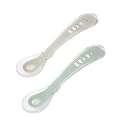 Immagine di BÉABA Cucchiaio in silicone per Bebè e 2a infanzia Cucchiaino Svezzamento Set di 2 Con custodia trasporto grigio verde
