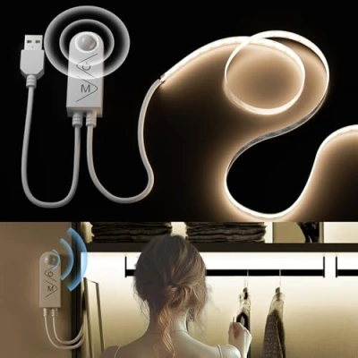 Immagine di PAUTIX USB Striscia LED COB 5V con Rilevatore di Movimento Bianco Naturale 4000K 3M,960LED Dimmerabile CRI90+ Nastro Autoadesivo per Scale, Camerette, Armadi, Lampade da Letto