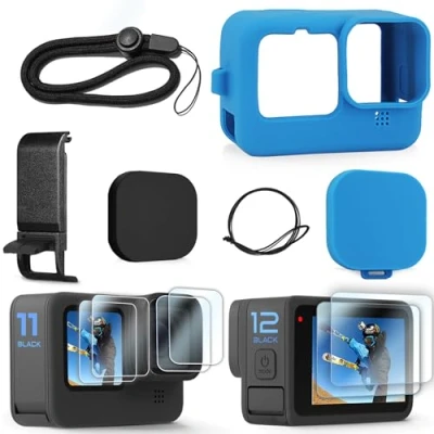 Immagine di FitStill Custodia in silicone blu per Gopro Hero 13 nera, copertura laterale batteria, copriobiettivo, proteggi schermo e cordino Go Pro set di accessori