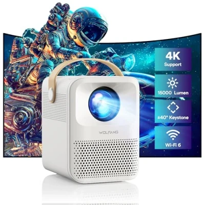 Immagine di Proiettore Portatile 4K Supporta, 12000 Lumens WiFi6 Bluetooth 5.2, WOLFANG Mini Home Cinema per Cinema/Outdoor/TV Stick/PS5/HDMI/USB, con 4P&amp;4D Correzione, Zoom