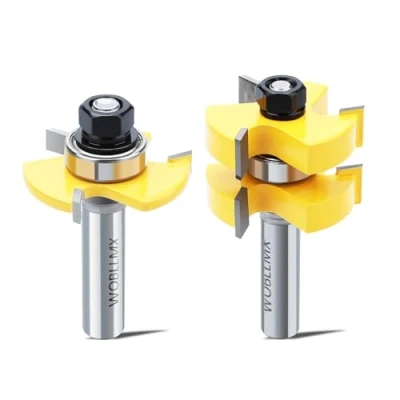 Immagine di WOBLLMX Set di 2 frese per lavorazione del legno, 8 mm, codolo a 3 denti, regolabile, forma T, fresa legno