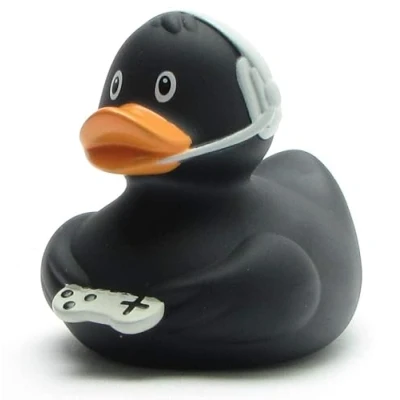 Immagine di Anatra da bagno per gamer, colore nero, L 10 cm, con portachiavi incluso nel set