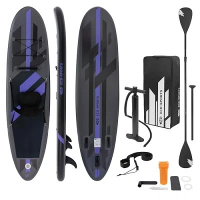 Immagine di ECD Germany Tavola Gonfiabile Paddle Board Stand Up SUP con Sedile per Kayak 320 x 82 15 cm Nero Pagaia in PVC Include Pompa Zaino e Accessori Surfboard Max 120 kg