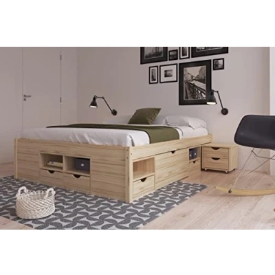 Immagine di Inter Link Letto matrimoniale Multifunzione Con contenitore funzionale comodini 6 cassetti 8 nicchie Legno massiccio 2 molle Naturale Claas 160 x 200 cm